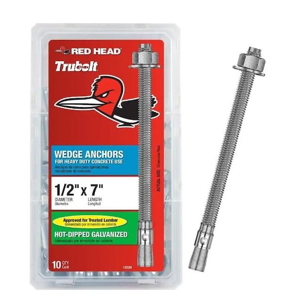 Redhead Wedge Anchor, 1/2" Dia., 7" L, Hot Dipped Galvanized, 10 PK